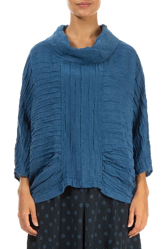 Cowl Neck Crinkled Azure Silk Blouse