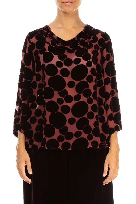 Cowl Neck Devoré Bubbles Merlot Silk Velvet Blouse