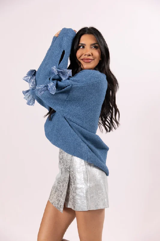 Glad tidings Blue Shimmer Bow Sleeve V-neck Sweater SALE FINAL SALE