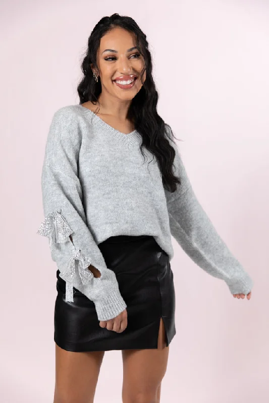 Glad Tidings Grey Shimmer Bow Sleeve V-neck Sweater SALE FINAL SALE