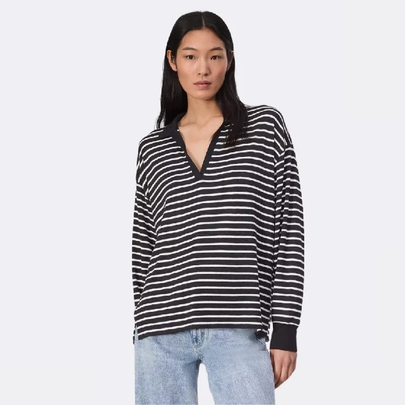 Knit Stripe Polo Long Sleeve V-Neck (Black + White)