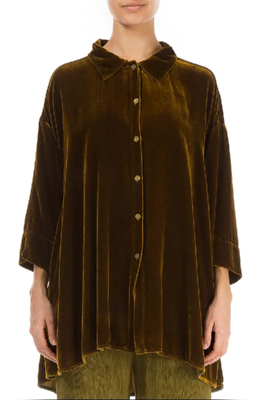 Loose Golden Olive Silk Velvet Shirt