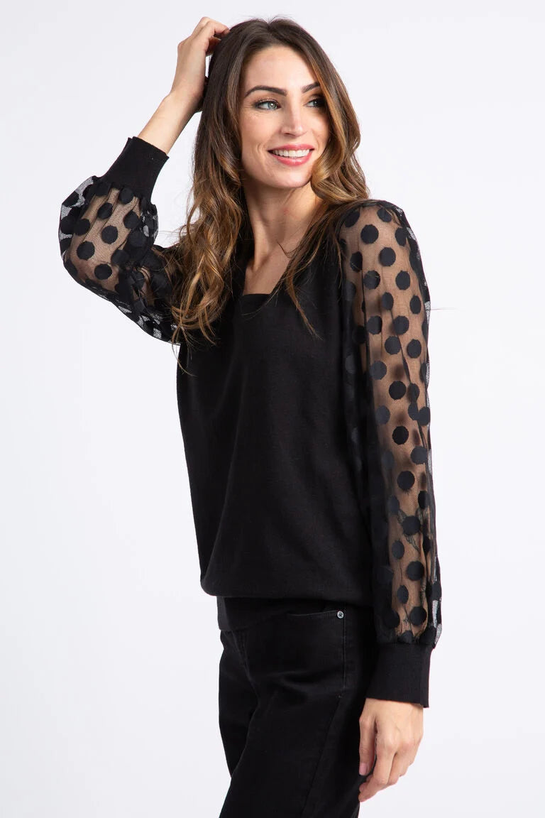 Papillon V-Neck Sweater W/Sheer Polka Dot Sleeves - 15306