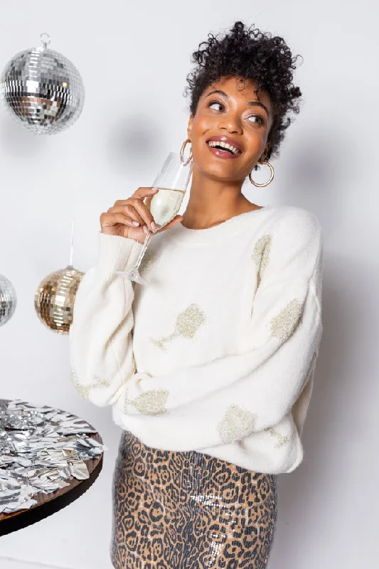 Pop The Bubbly Glitter Wine Glass Embroidered Cream Sweater