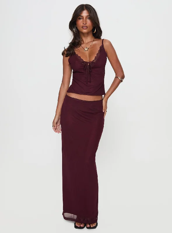 Reiko Lace Trim Tie Front Maxi Set Burgundy