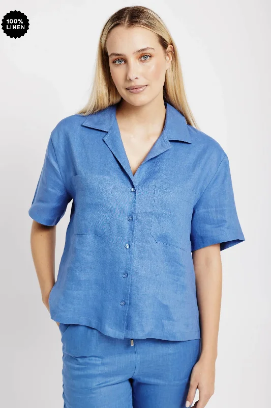 Revere Collar Linen Shirt in Blue