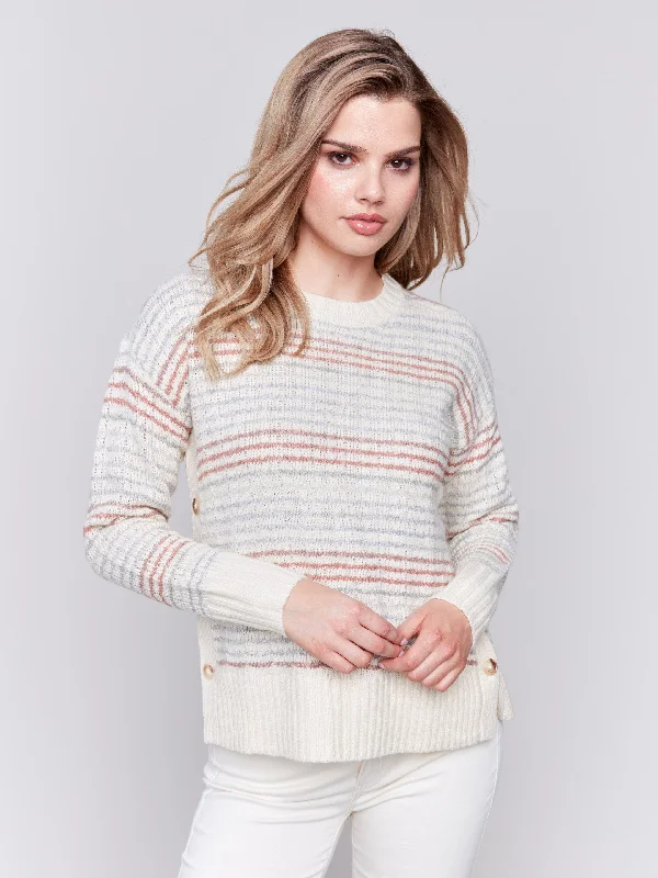 Striped Sweater with Side Buttons - Ecru